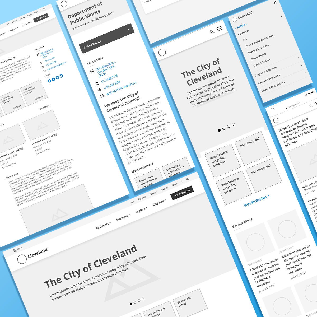 A floating collage of City of Cleveland wireframes screen grabs.