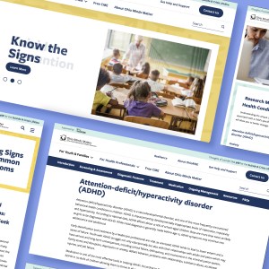 Multiple desktop and mobile screen grabs of various pages within Ohio Minds Matter's website.