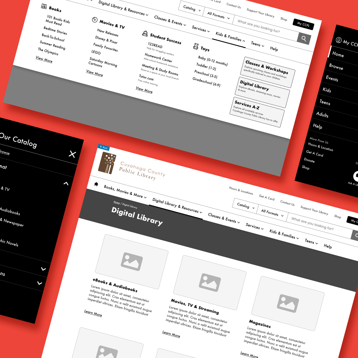 Cuyahoga County Public Library (CCPL) feature image of wireframe screen grabs floating above a red background.