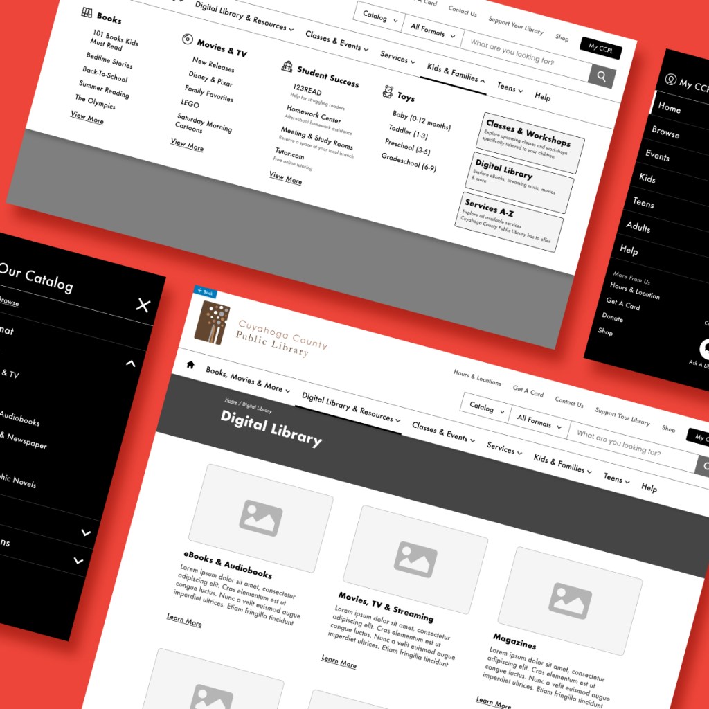 Cuyahoga County Public Library (CCPL) feature image of wireframe screen grabs floating above a red background.