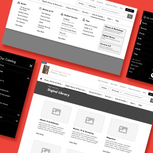 Cuyahoga County Public Library (CCPL) feature image of wireframe screen grabs floating above a red background.